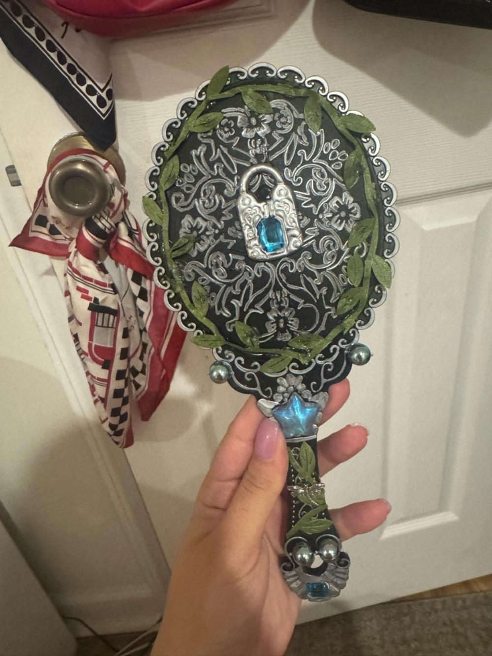 Whimsical Fairycore black/blue silver handmade embellished hand Mirror